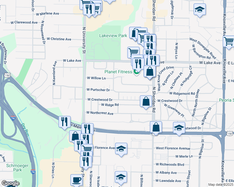 map of restaurants, bars, coffee shops, grocery stores, and more near 1009 West Crestwood Drive in Peoria
