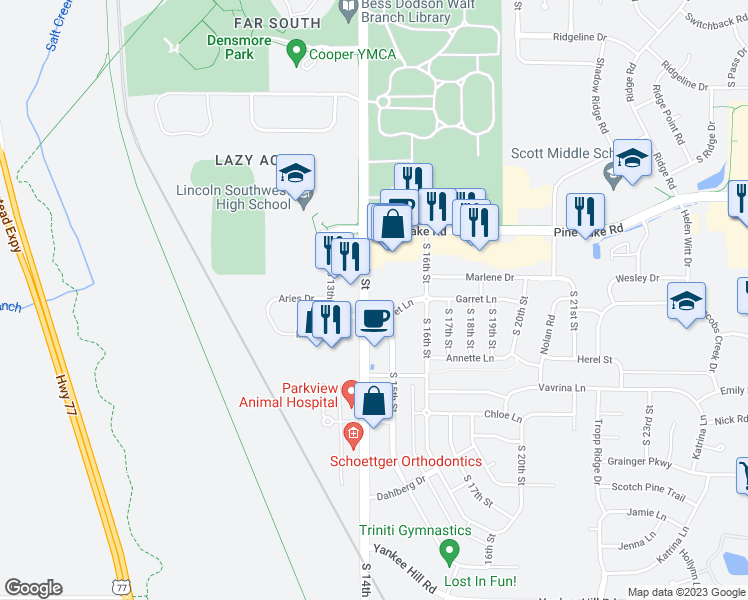 map of restaurants, bars, coffee shops, grocery stores, and more near 7301 South 15th Street in Lincoln