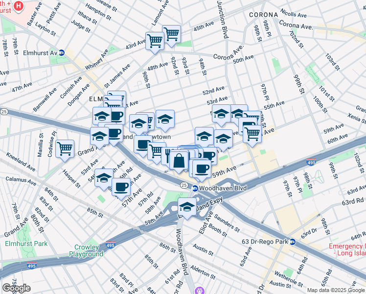 map of restaurants, bars, coffee shops, grocery stores, and more near 91-0 56th Avenue in Queens