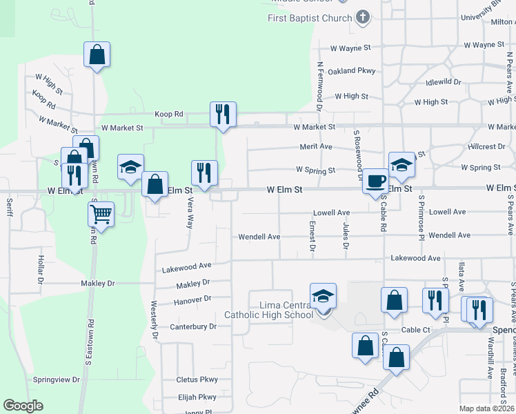 map of restaurants, bars, coffee shops, grocery stores, and more near 2813 Lowell Ave in Lima