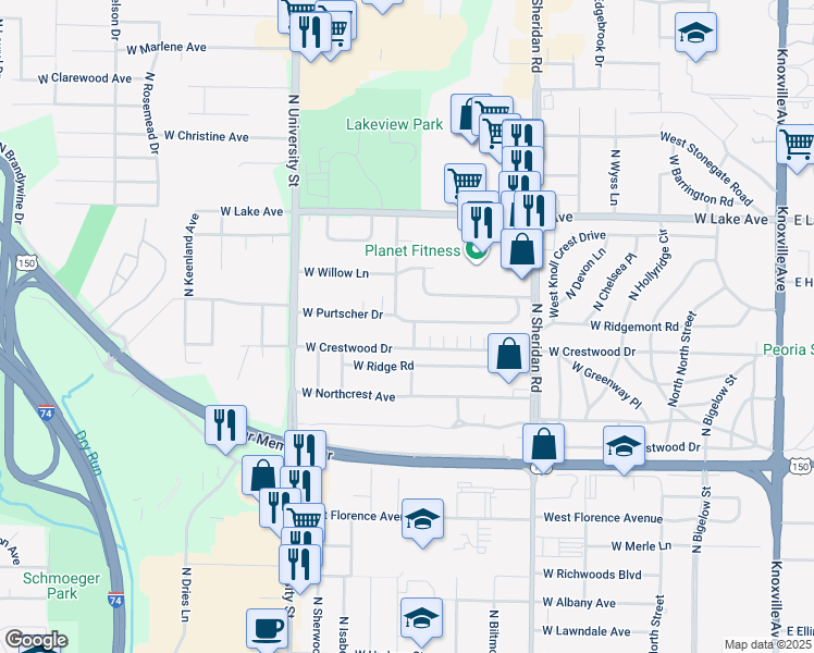 map of restaurants, bars, coffee shops, grocery stores, and more near 1009 West Crestwood Drive in Peoria