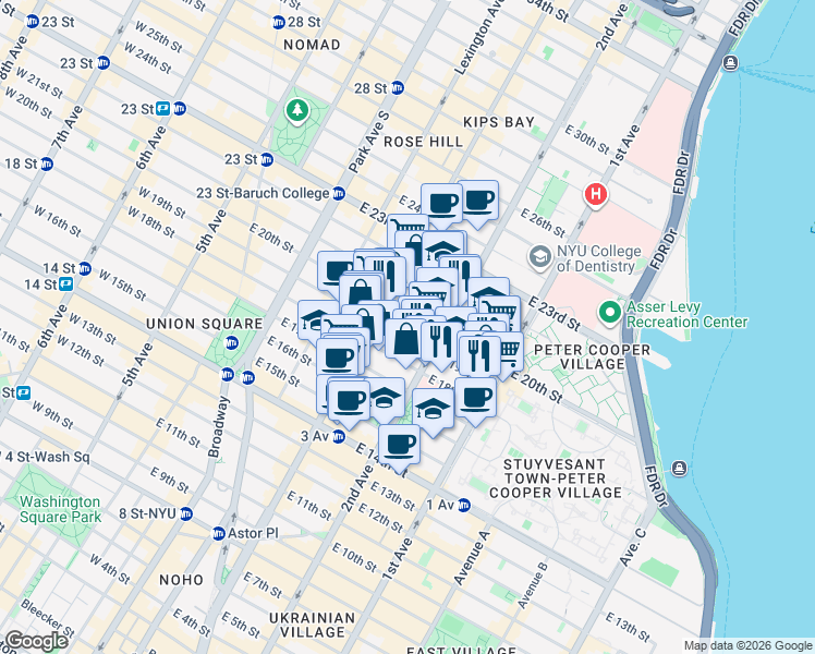 map of restaurants, bars, coffee shops, grocery stores, and more near 225 East 19th Street in New York