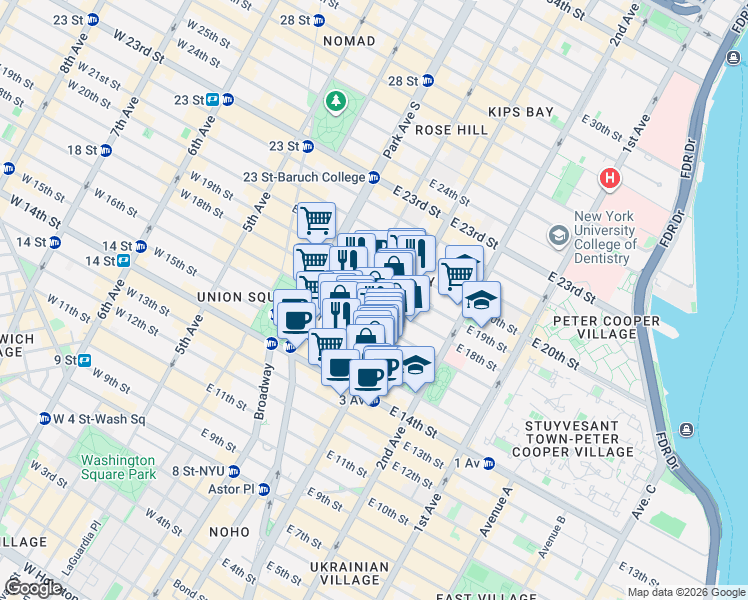 map of restaurants, bars, coffee shops, grocery stores, and more near East 18th Street in New York