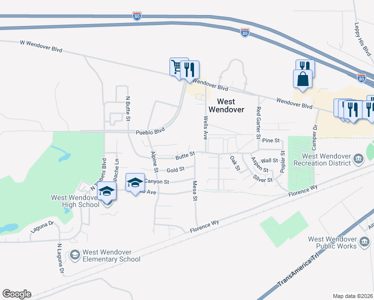 map of restaurants, bars, coffee shops, grocery stores, and more near 1763 Butte Street in West Wendover