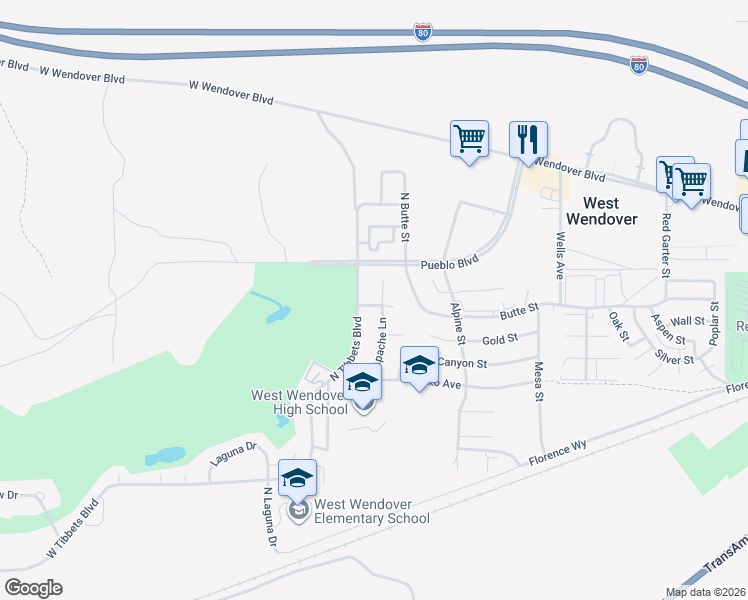 map of restaurants, bars, coffee shops, grocery stores, and more near 2086 Shawnee Circle in West Wendover