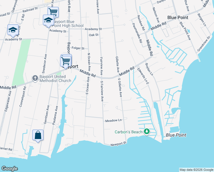 map of restaurants, bars, coffee shops, grocery stores, and more near 53 South Fairview Avenue in Bayport
