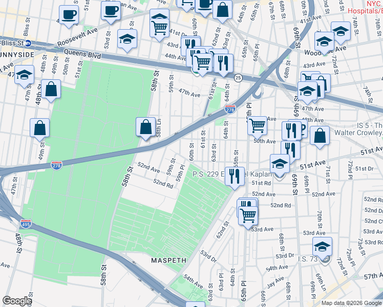 map of restaurants, bars, coffee shops, grocery stores, and more near 51-03 59th Place in Queens