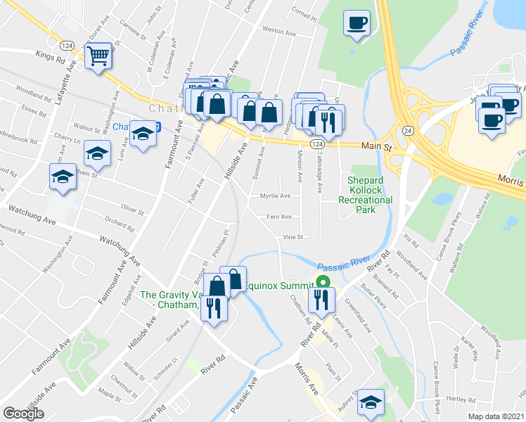 map of restaurants, bars, coffee shops, grocery stores, and more near 100 Summit Avenue in Chatham