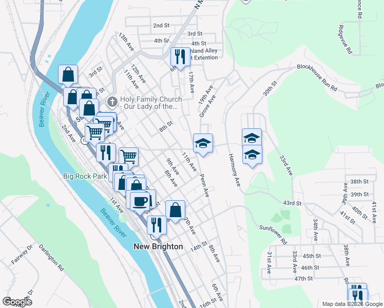 map of restaurants, bars, coffee shops, grocery stores, and more near 1012 Penn Avenue in New Brighton