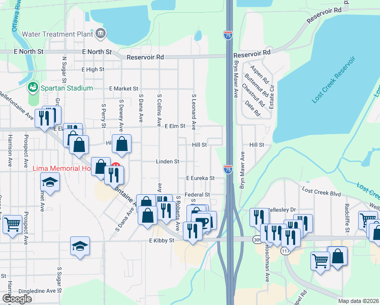 map of restaurants, bars, coffee shops, grocery stores, and more near 401 South Roberts Avenue in Lima