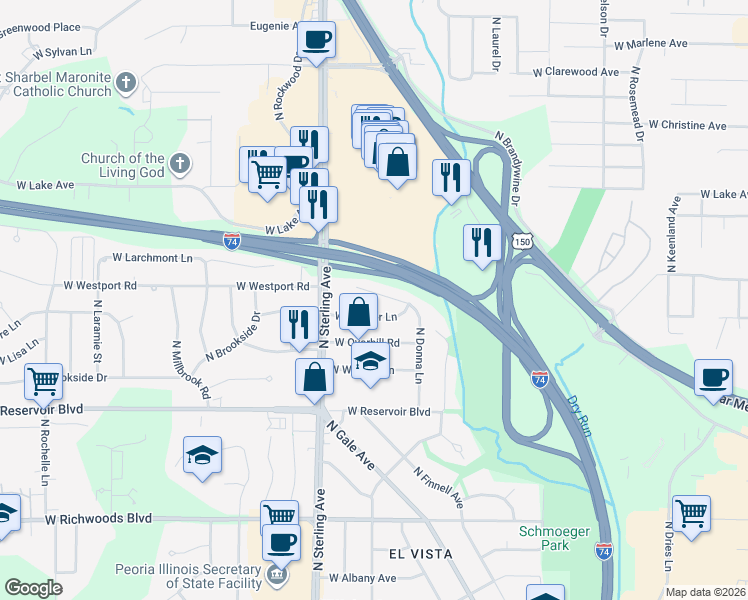 map of restaurants, bars, coffee shops, grocery stores, and more near 2312 West Bainter Lane in Peoria
