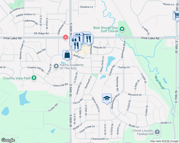 map of restaurants, bars, coffee shops, grocery stores, and more near 7504 Kentwell Lane in Lincoln