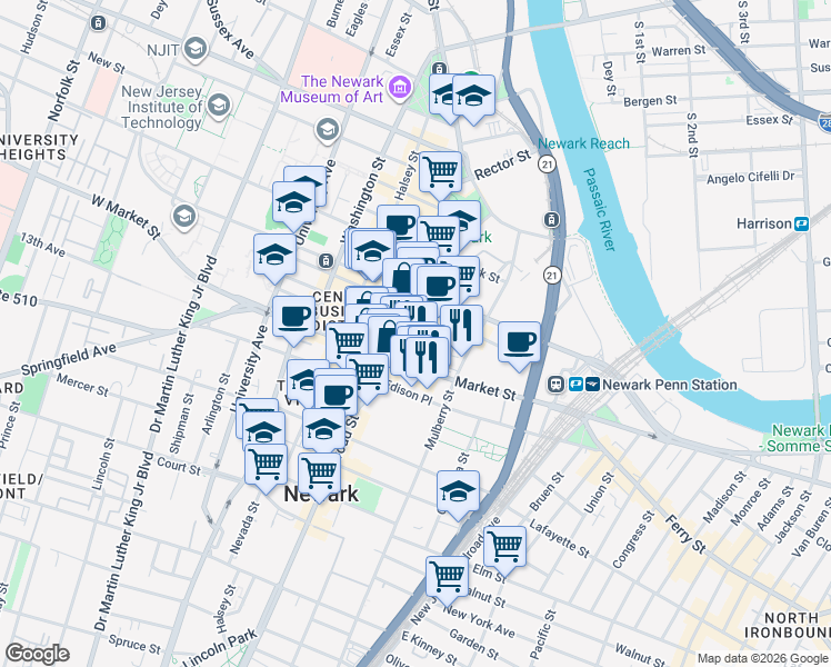 map of restaurants, bars, coffee shops, grocery stores, and more near 111 Mulberry Street in Newark