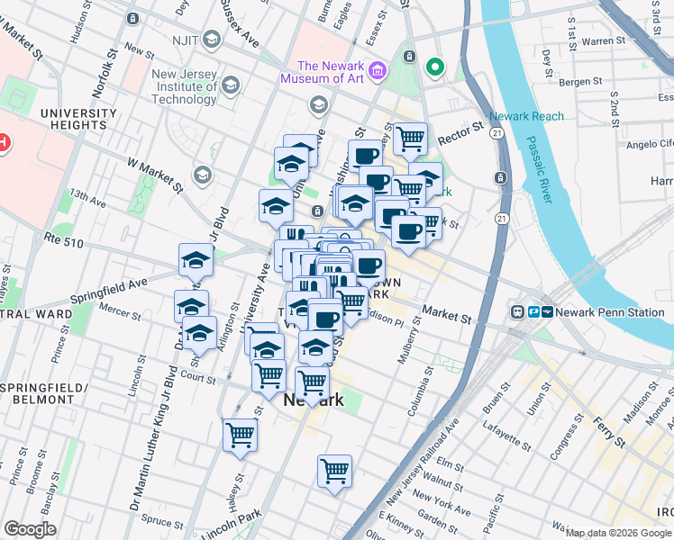map of restaurants, bars, coffee shops, grocery stores, and more near in Newark