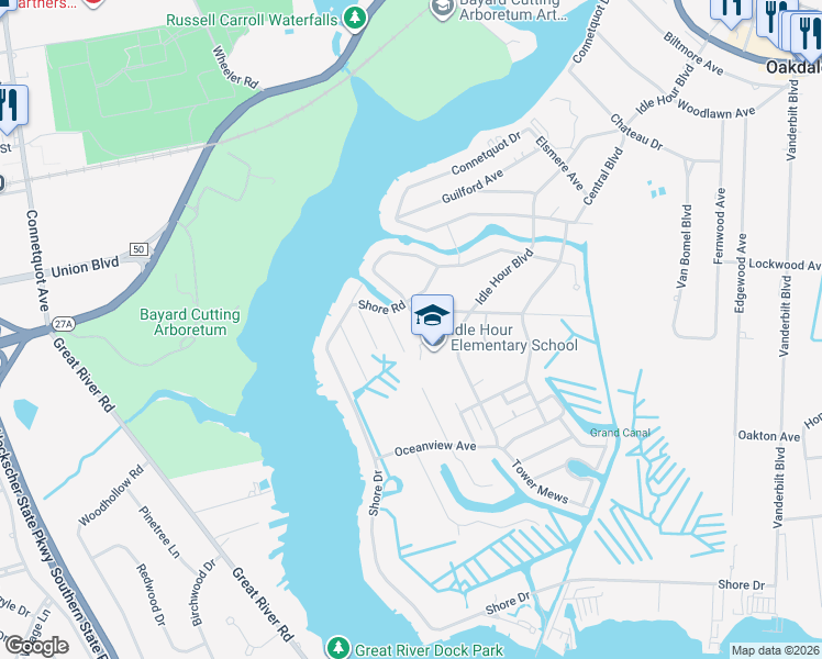 map of restaurants, bars, coffee shops, grocery stores, and more near 95 Roxbury Avenue in Oakdale