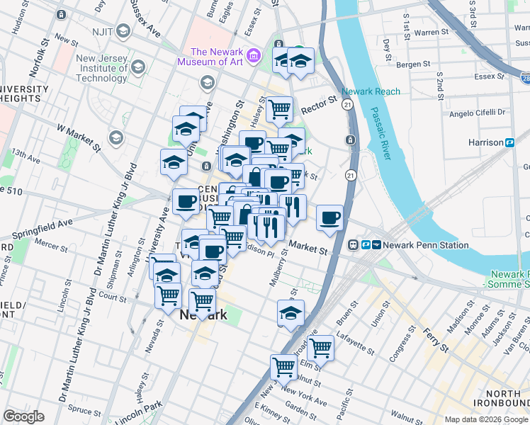 map of restaurants, bars, coffee shops, grocery stores, and more near 111 Mulberry Street in Newark