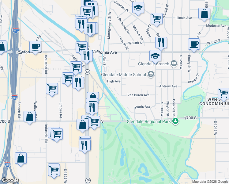 map of restaurants, bars, coffee shops, grocery stores, and more near 1523 Van Buren Circle in Salt Lake City