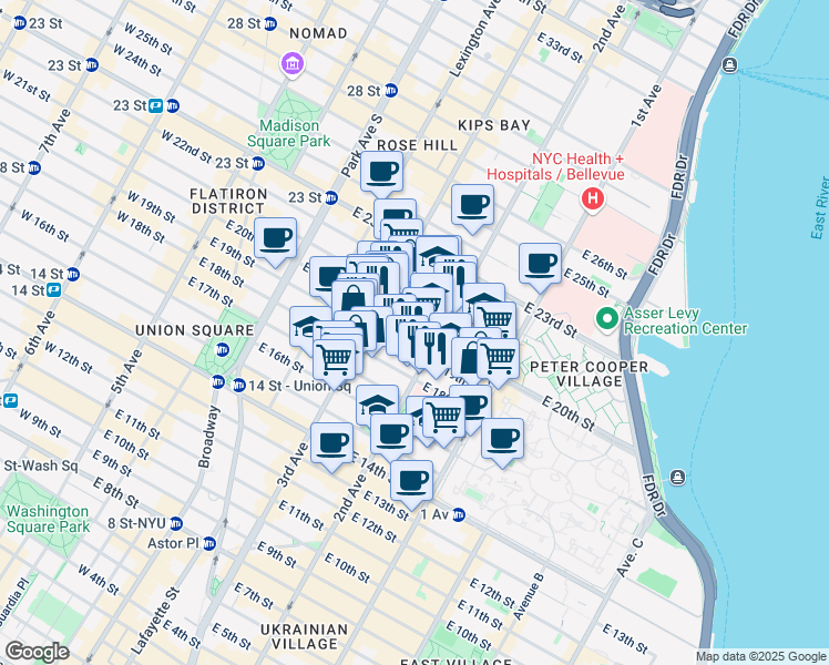 map of restaurants, bars, coffee shops, grocery stores, and more near 230 East 20th Street in New York