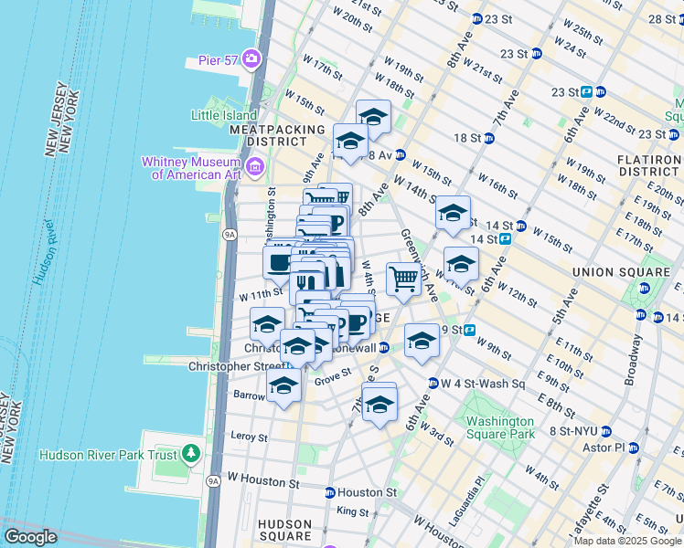 map of restaurants, bars, coffee shops, grocery stores, and more near 100 Perry Street in New York
