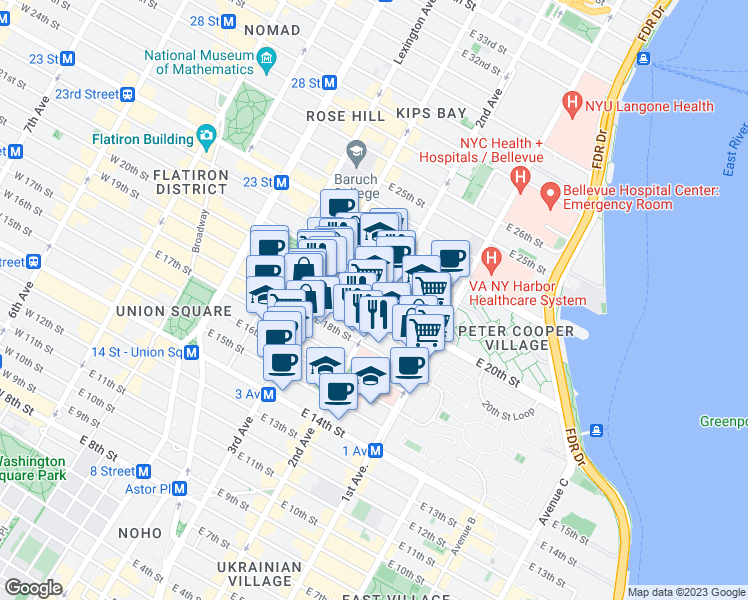 map of restaurants, bars, coffee shops, grocery stores, and more near 247 East 20th Street in New York