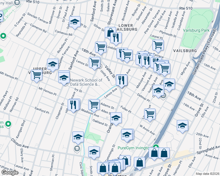 map of restaurants, bars, coffee shops, grocery stores, and more near 15 Underwood Street in Newark
