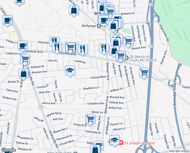 map of restaurants, bars, coffee shops, grocery stores, and more near 6 Troscher Lane in Bethpage