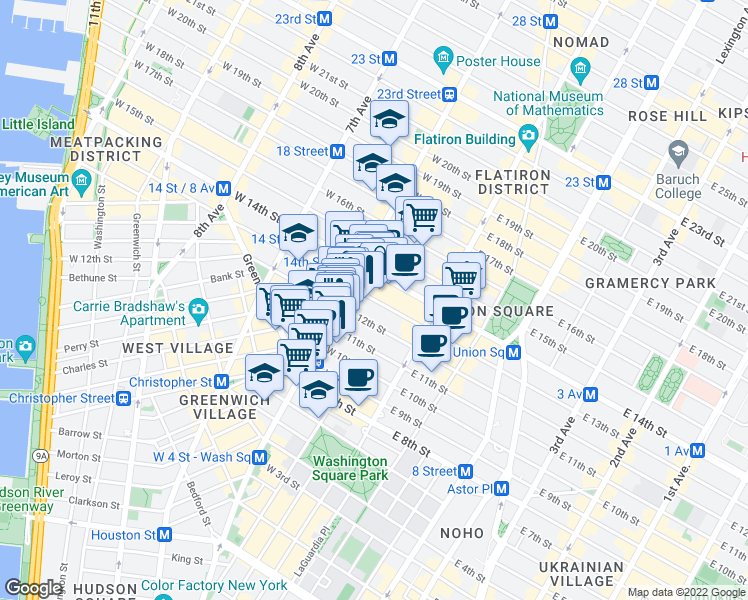 map of restaurants, bars, coffee shops, grocery stores, and more near 45 West 13th Street in New York