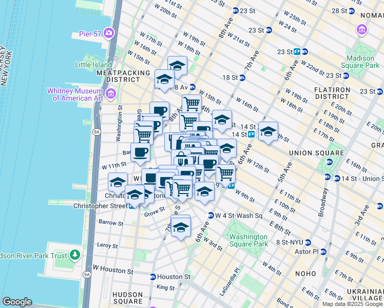 map of restaurants, bars, coffee shops, grocery stores, and more near 224 Waverly Place in New York