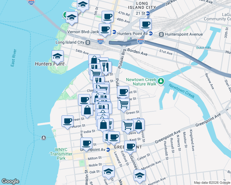 map of restaurants, bars, coffee shops, grocery stores, and more near 187 Eagle Street in Brooklyn