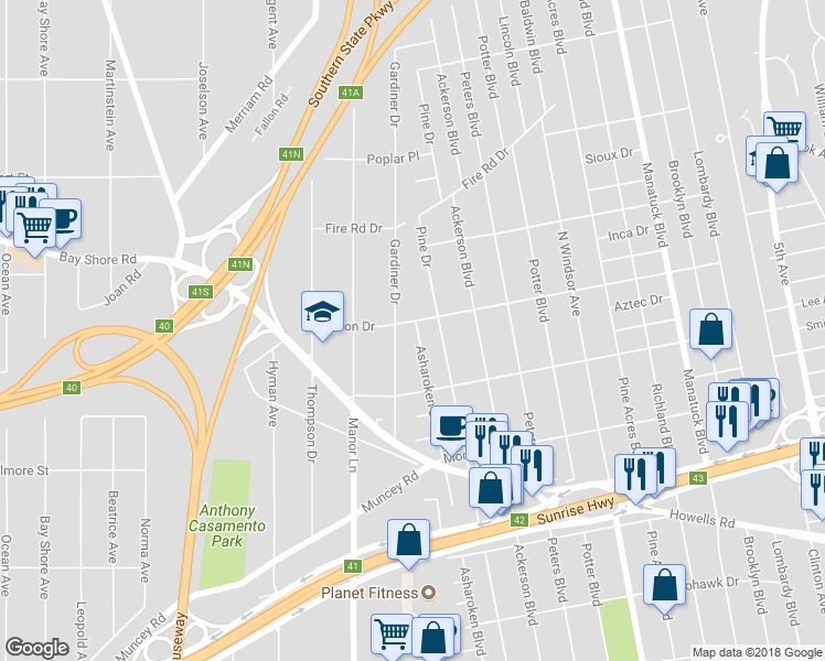 map of restaurants, bars, coffee shops, grocery stores, and more near 1750 Asharoken Boulevard in Bay Shore