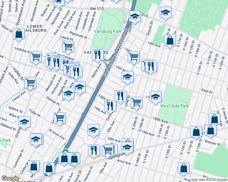 map of restaurants, bars, coffee shops, grocery stores, and more near 23 Tichenor Terrace in Irvington