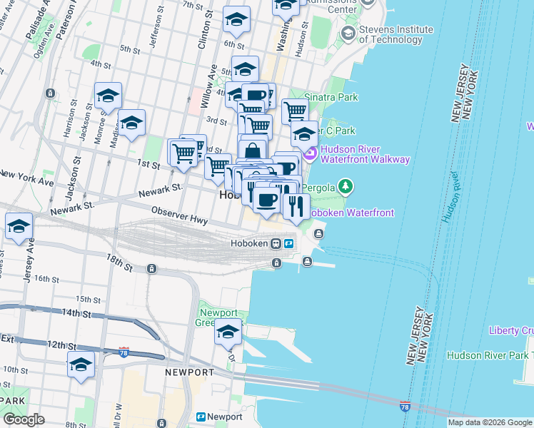 map of restaurants, bars, coffee shops, grocery stores, and more near 5 Hudson Place in Hoboken