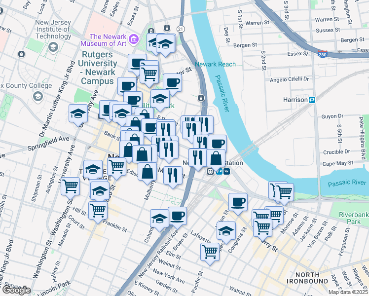 map of restaurants, bars, coffee shops, grocery stores, and more near 1100 Raymond Boulevard in Newark