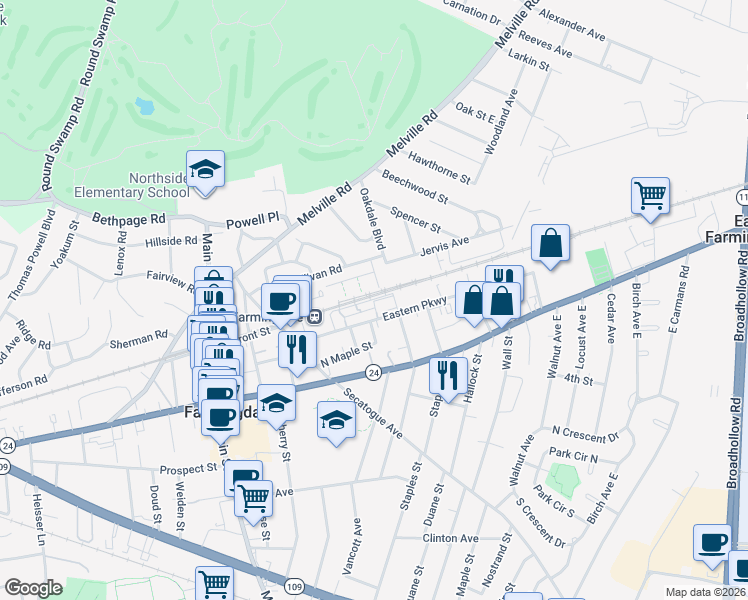 map of restaurants, bars, coffee shops, grocery stores, and more near 25 Atlantic Avenue in Farmingdale