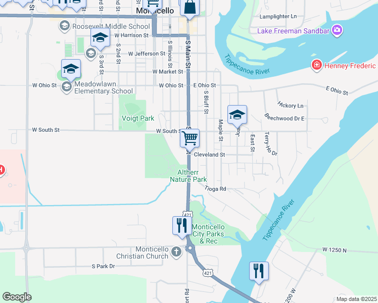 map of restaurants, bars, coffee shops, grocery stores, and more near State Road 39 in Monticello