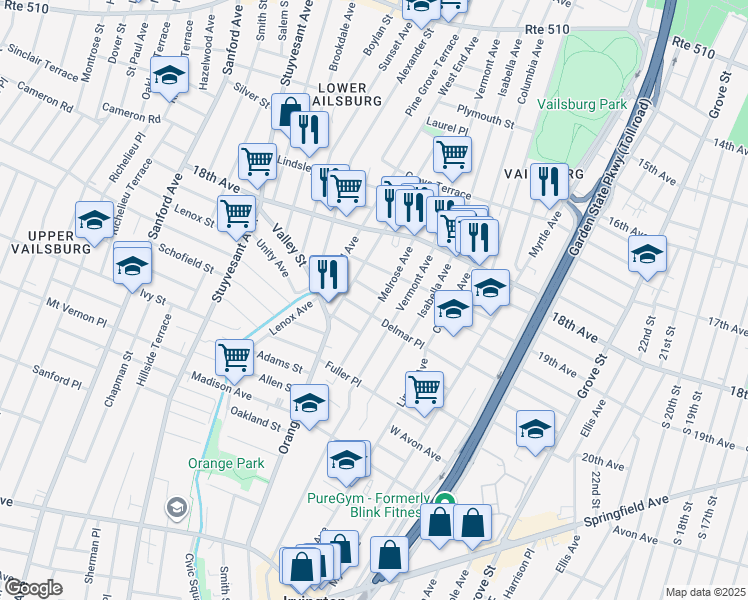map of restaurants, bars, coffee shops, grocery stores, and more near 115 University Place in Irvington