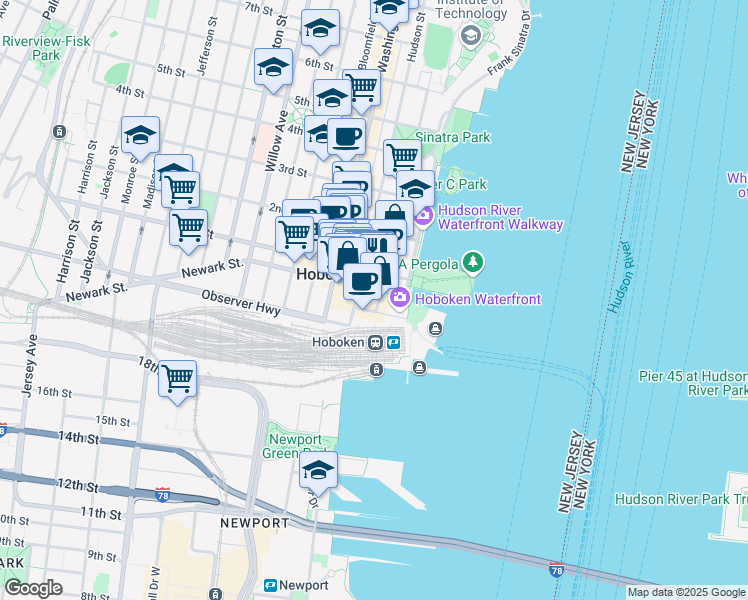 map of restaurants, bars, coffee shops, grocery stores, and more near 5 Marine View Plaza in Hoboken