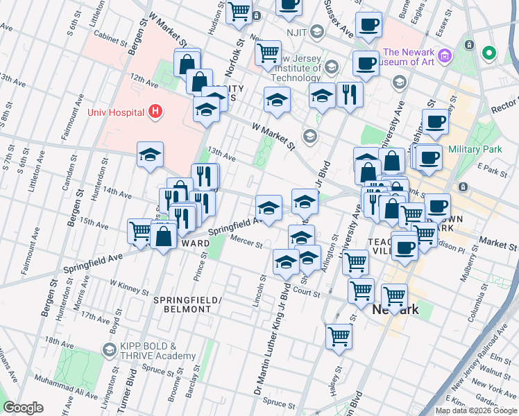 map of restaurants, bars, coffee shops, grocery stores, and more near 73 Howard Street in Newark