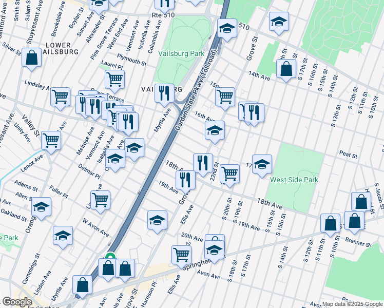 map of restaurants, bars, coffee shops, grocery stores, and more near 23 Tichenor Terrace in Irvington