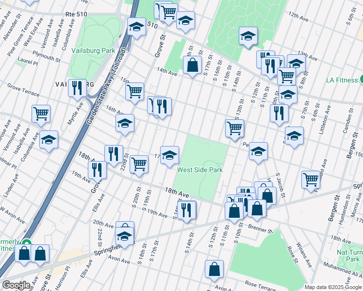 map of restaurants, bars, coffee shops, grocery stores, and more near 560 South 18th Street in Newark