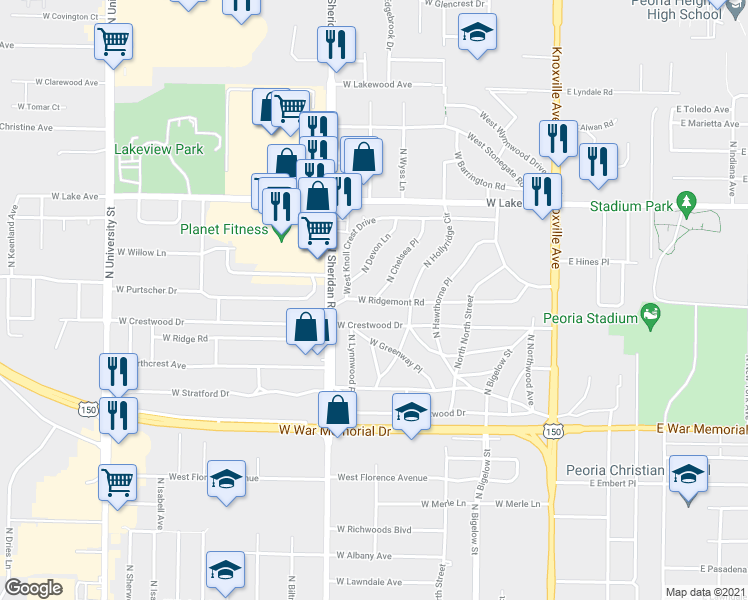 map of restaurants, bars, coffee shops, grocery stores, and more near 599 West Ridgemont Road in Peoria