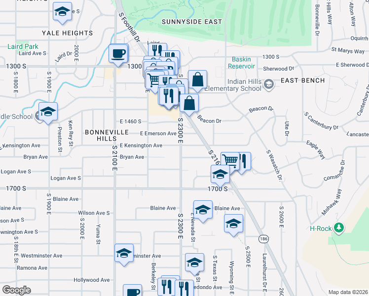 map of restaurants, bars, coffee shops, grocery stores, and more near 2306 East Kensington Avenue in Salt Lake City