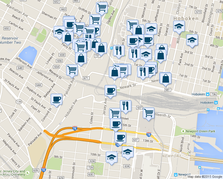 map of restaurants, bars, coffee shops, grocery stores, and more near 873 Jersey Avenue in Jersey City