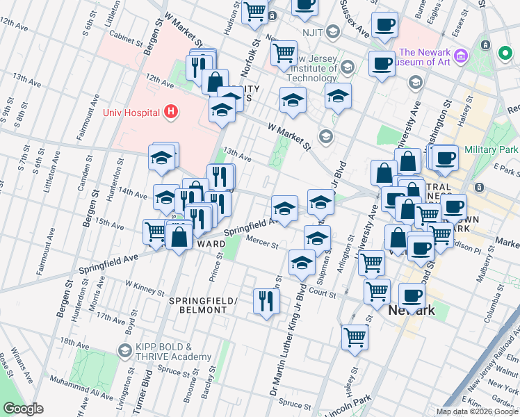 map of restaurants, bars, coffee shops, grocery stores, and more near 59 South Orange Avenue in Newark