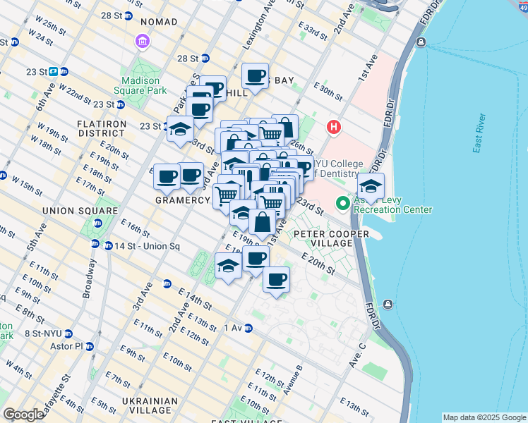 map of restaurants, bars, coffee shops, grocery stores, and more near 320 East 23rd Street in New York
