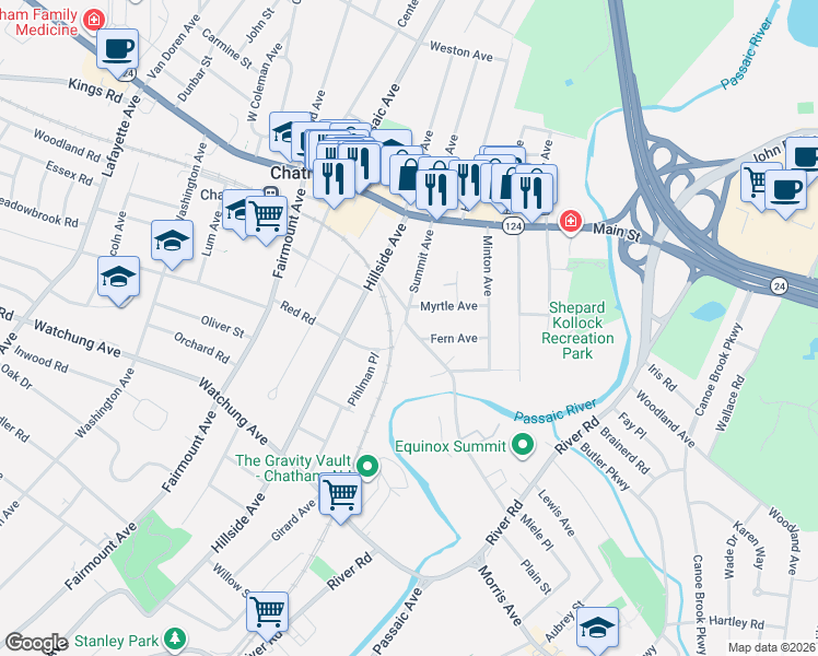 map of restaurants, bars, coffee shops, grocery stores, and more near 67 Summit Avenue in Chatham