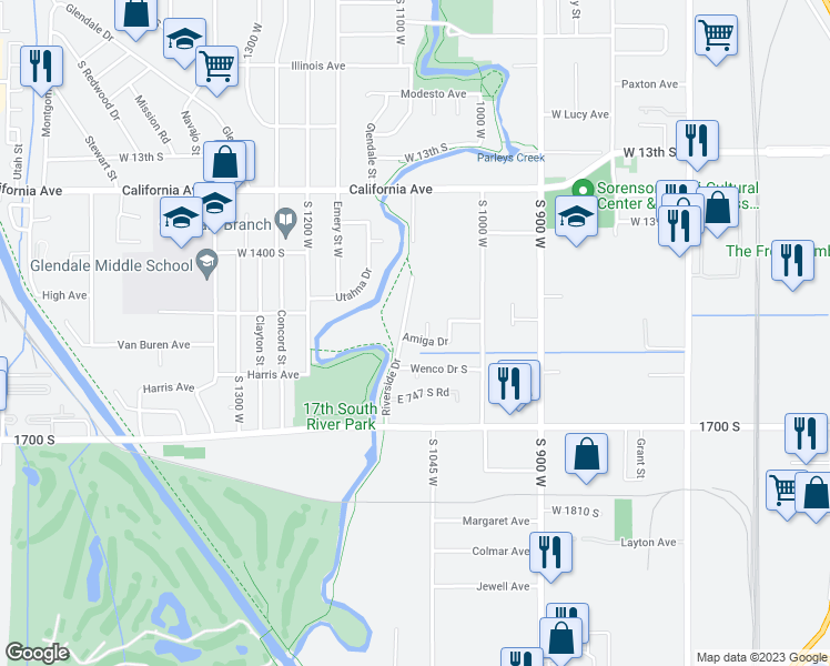 map of restaurants, bars, coffee shops, grocery stores, and more near 1090 Amiga Drive in Salt Lake City