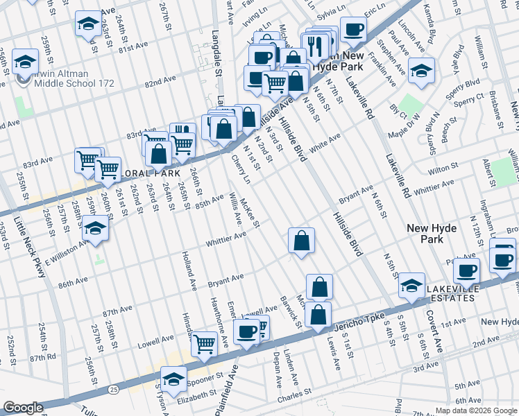 map of restaurants, bars, coffee shops, grocery stores, and more near 965 North 1st Street in New Hyde Park