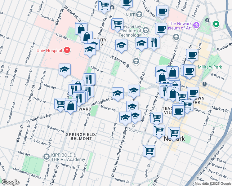 map of restaurants, bars, coffee shops, grocery stores, and more near 73 Howard Street in Newark