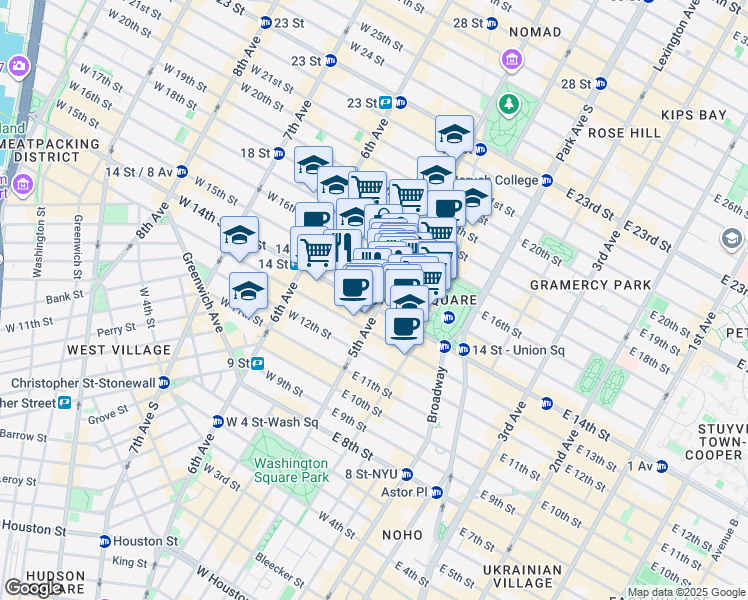 map of restaurants, bars, coffee shops, grocery stores, and more near 90 5th Avenue in New York